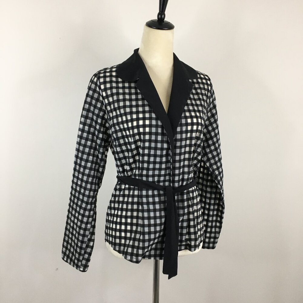 KATHY KEMP New York ANNA Black Gray Square Print Belted Open Front Jacket